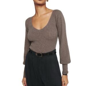 Reformation Hart Cocoa Brown Ribbed Scoop Neck Cashmere Sweater 1x NWT